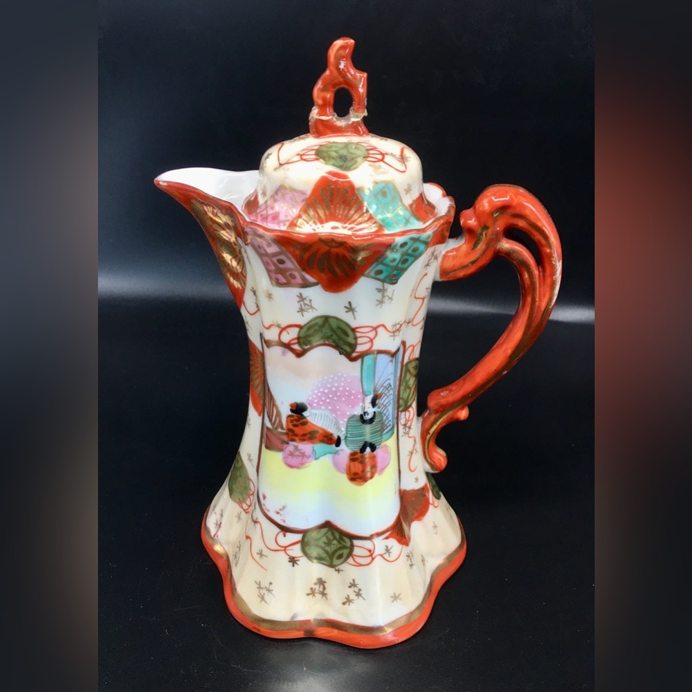 Antique Kutani Hand Painted Asian Floral Japanese CeramicTeapot Signed Meiji
